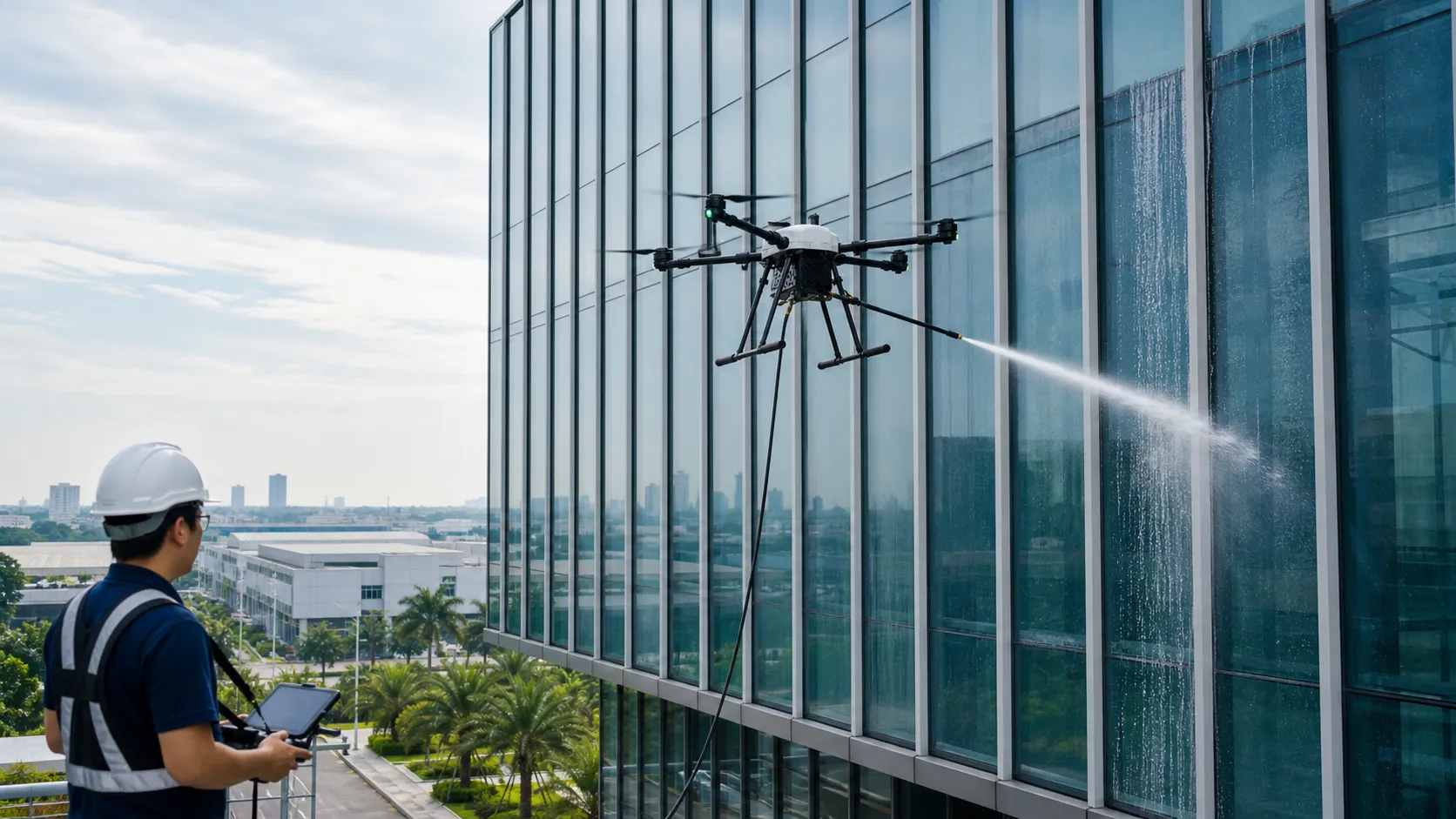 Skybot Solution CAAM-certified operator controlling drone to pressure wash glass building facade in Malaysia