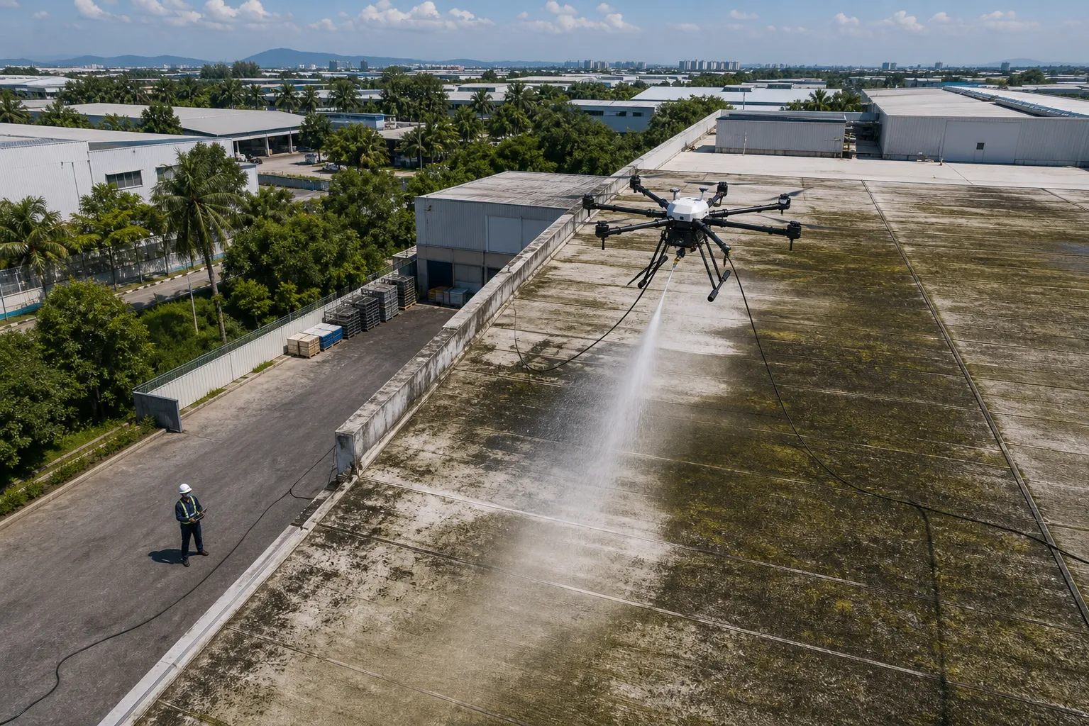 Skybot Solution industrial cleaning drone spraying high-pressure water onto a moss-stained warehouse rooftop in Malaysia, with ground operator controlling remotely from below