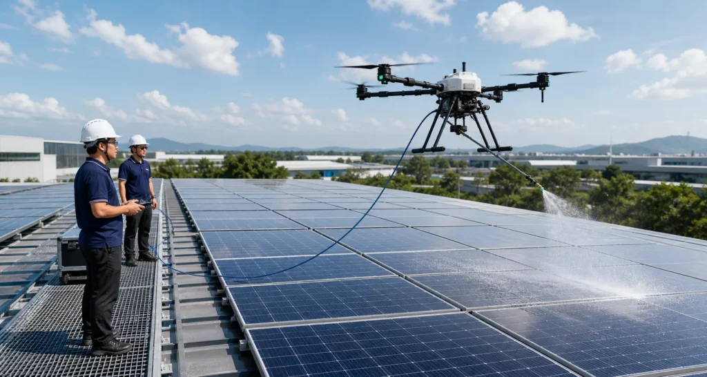 Three Skybot Solution technicians in safety uniform assembling industrial cleaning drone on rooftop helipad