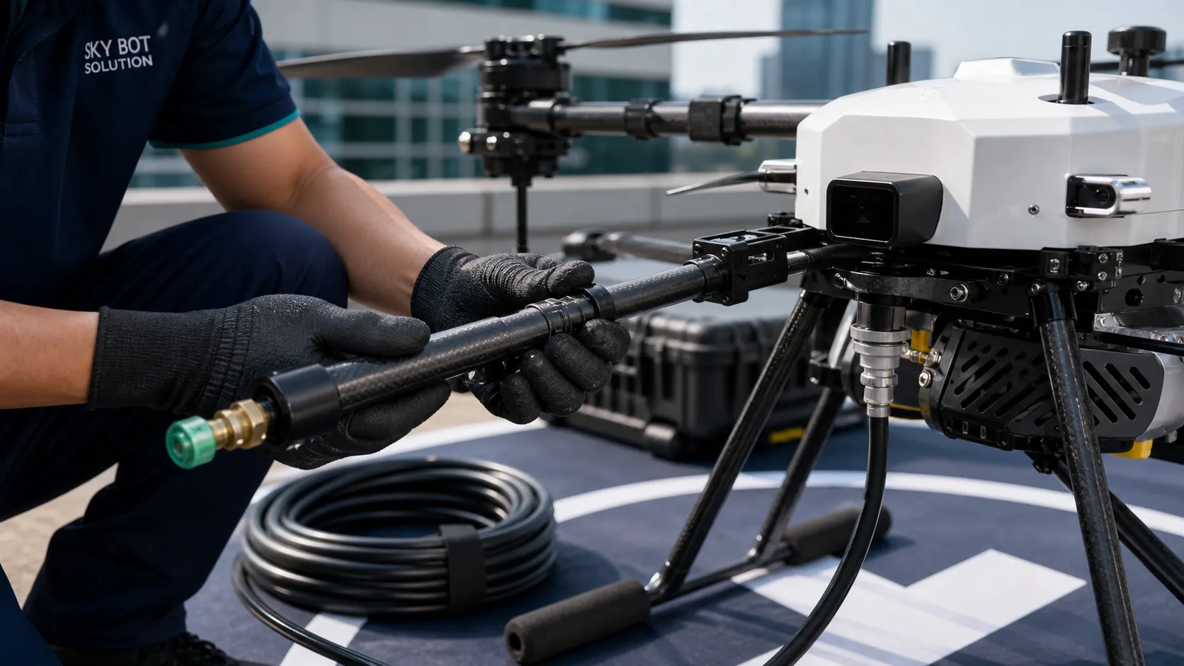 Close-up of Skybot Solution technician connecting high-pressure hose to industrial drone cleaning nozzle system