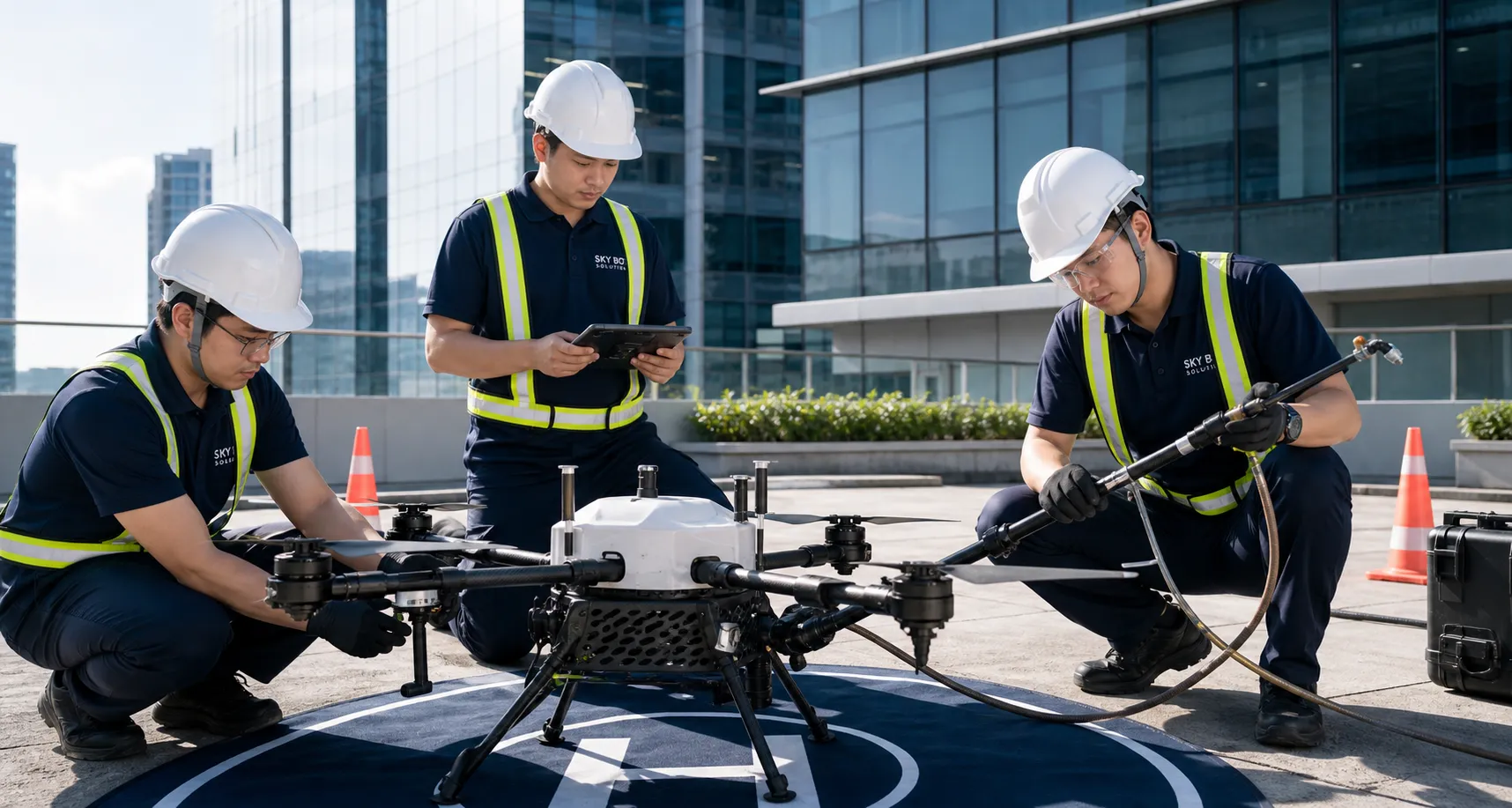 Three Skybot Solution technicians in safety uniform assembling industrial cleaning drone on rooftop helipad