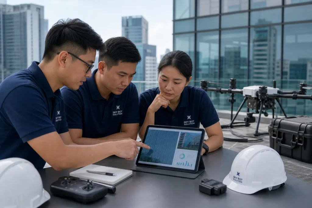 Skybot Solution team of three analysing building inspection and drone cleaning data on tablet at rooftop briefing