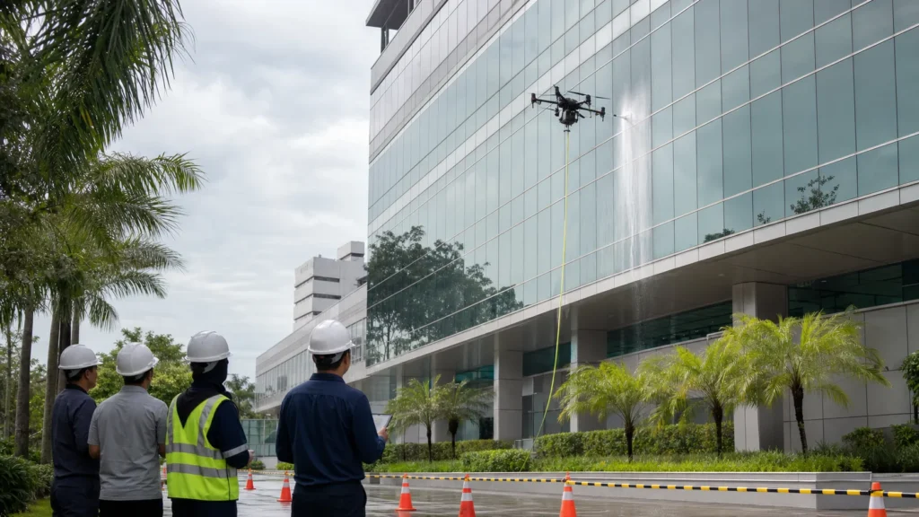 Drone-assisted facade cleaning site assessment at a commercial building in Johor