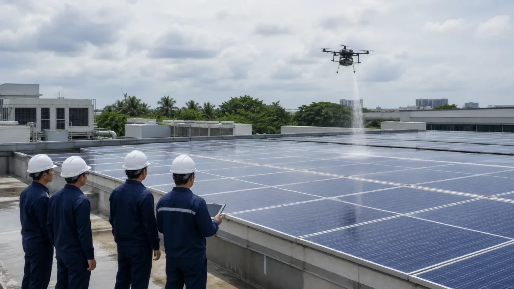 Drone-assisted solar panel cleaning assessment on a commercial rooftop in Johor