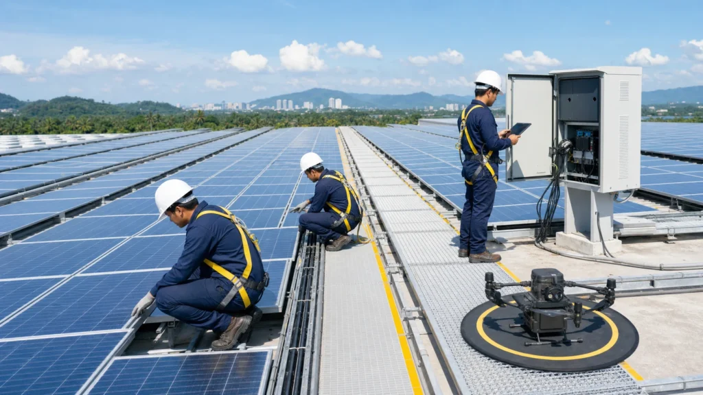 Commercial solar maintenance team inspecting panels and electrical equipment on a Malaysian rooftop