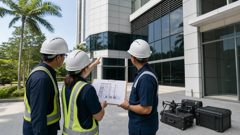 Malaysian facilities team conducting a facade cleaning tender site survey with elevation plans