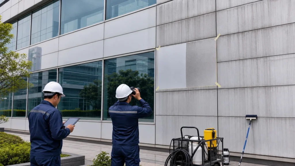 Technicians inspecting a facade cleaning test patch on commercial building cladding