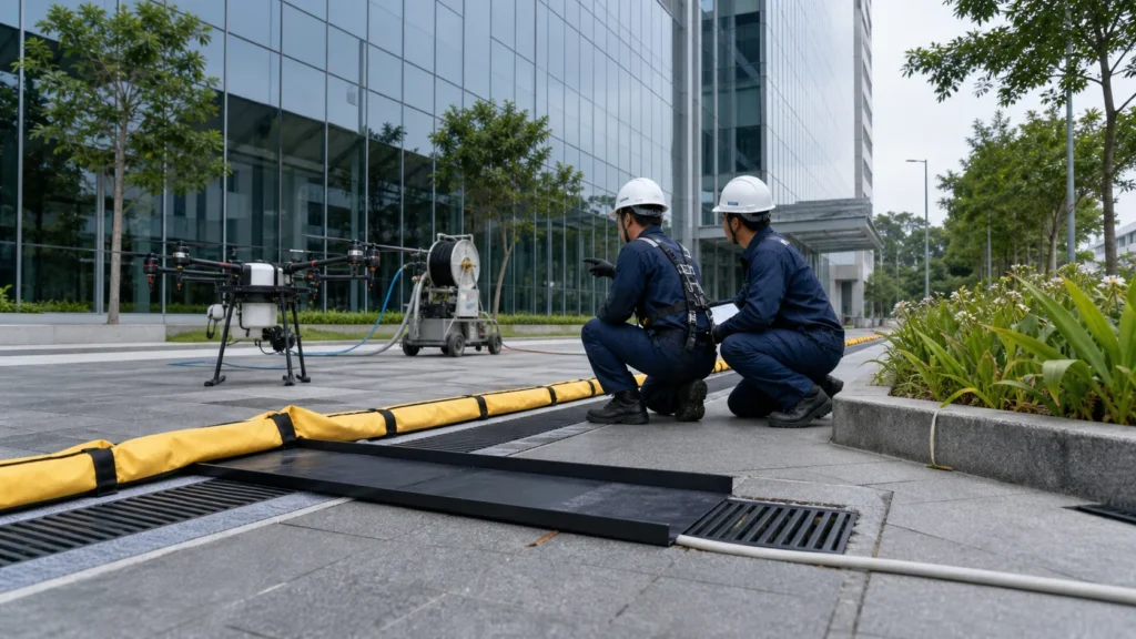 Technicians checking water collection barriers and drains before commercial facade cleaning