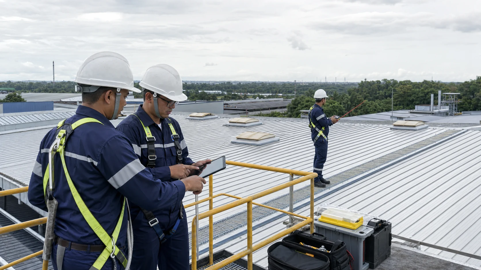 Technicians surveying a Malaysian factory roof to estimate cleaning scope and cost factors