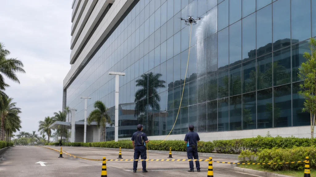 Tethered drone cleaning a glass commercial facade in Johor under technician supervision