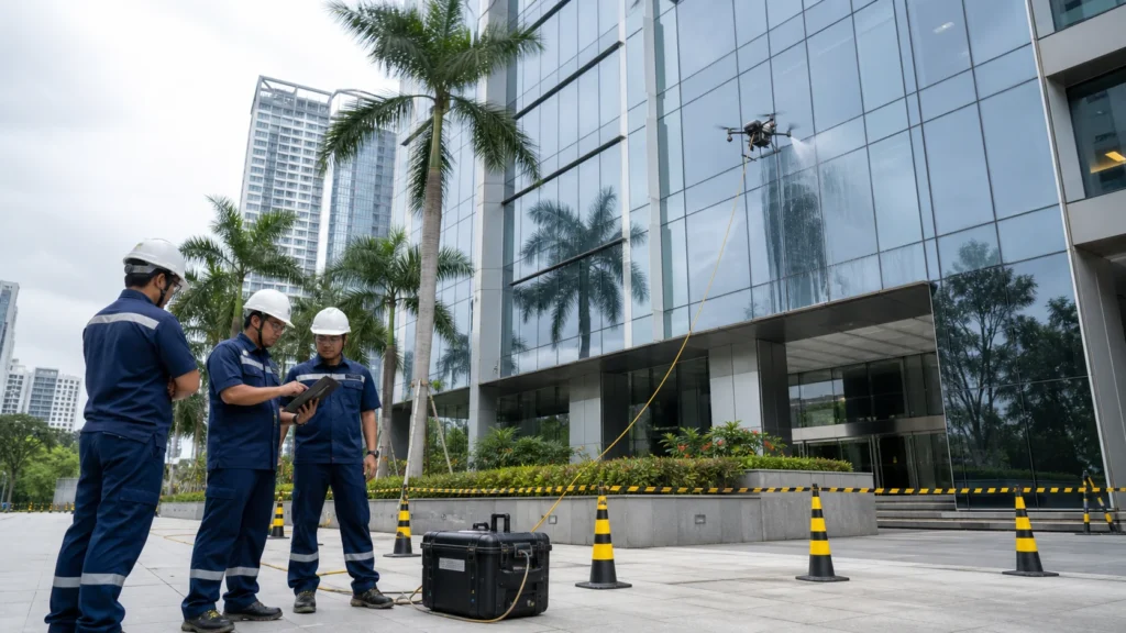 High-rise exterior cleaning safety team supervising a tethered cleaning drone at a Malaysian commercial building