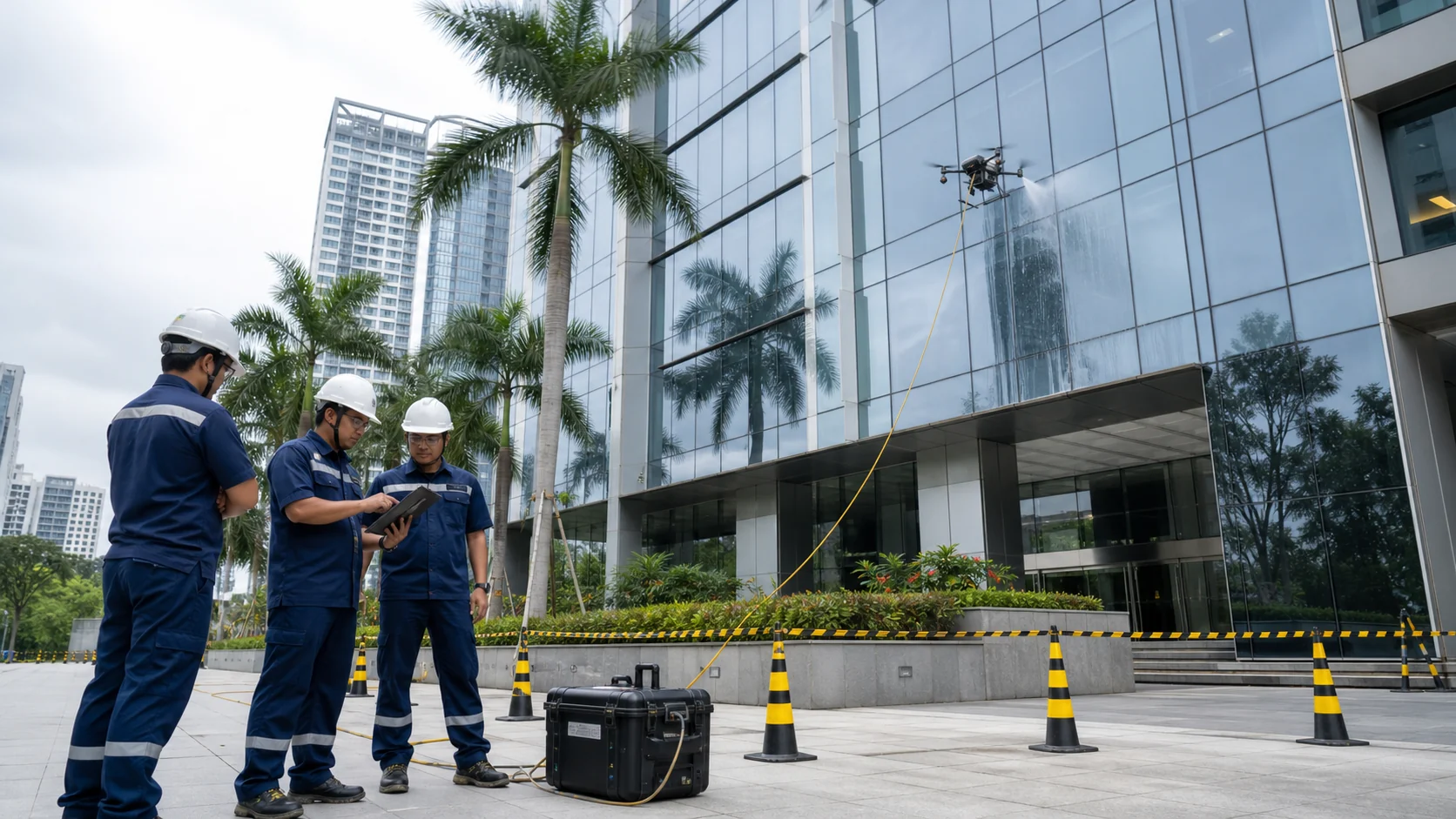 High-rise exterior cleaning safety team supervising a tethered cleaning drone at a Malaysian commercial building
