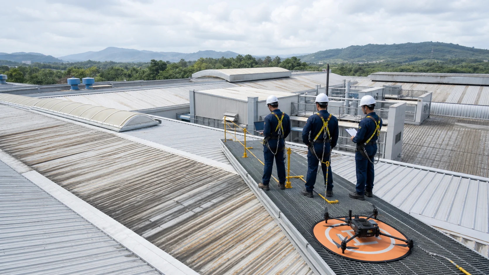 Technicians inspecting an industrial factory rooftop from a protected walkway before cleaning