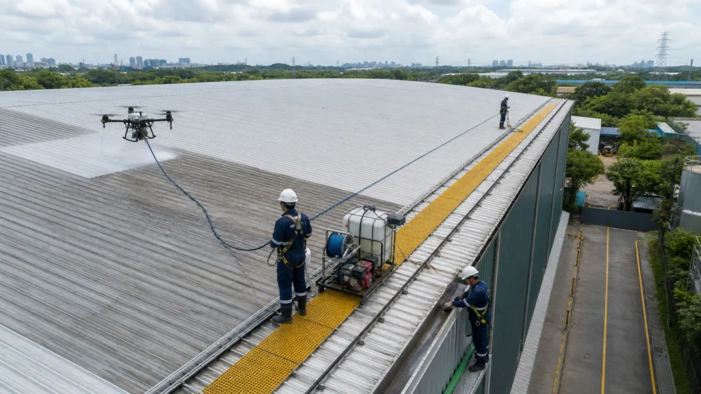 Tethered drone and low-pressure equipment cleaning a large Malaysian warehouse roof