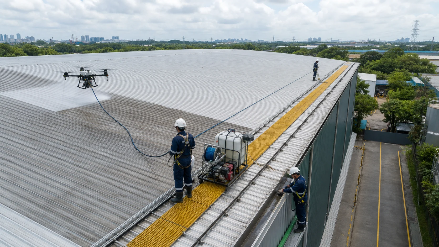 Tethered drone and low-pressure equipment cleaning a large Malaysian warehouse roof