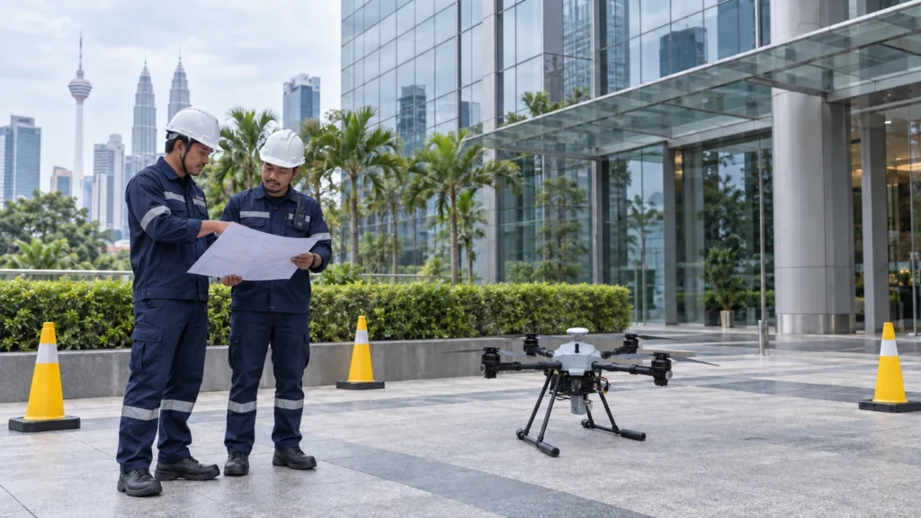 Skybot technicians reviewing site permissions beside the compact Skybot industrial cleaning drone in Malaysia
