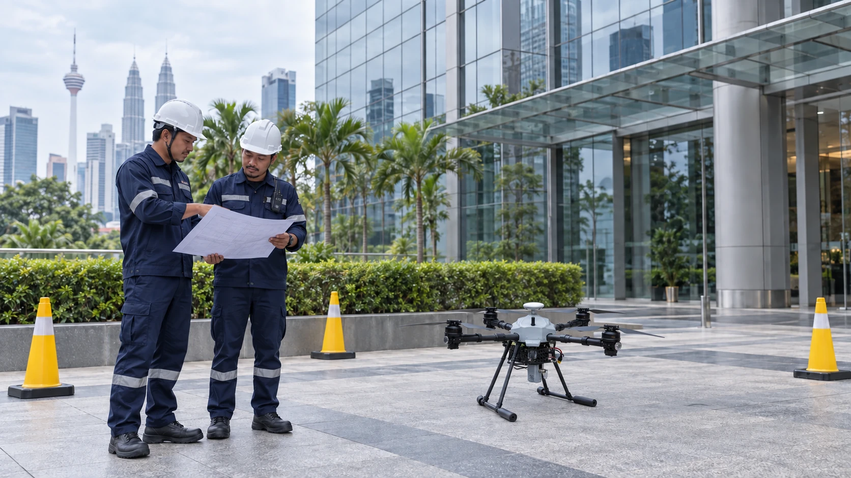 Skybot technicians reviewing site permissions beside the compact Skybot industrial cleaning drone in Malaysia